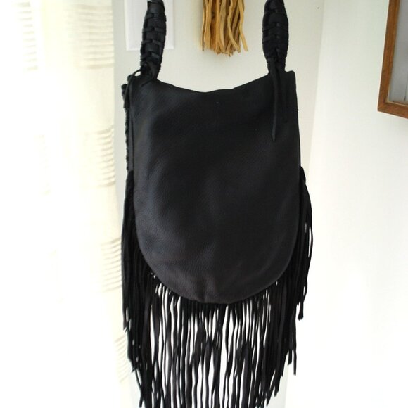 Vintage Soft & Subtle Custom Made Black Leather Handbag Fringe Braided & Beaded - Picture 5 of 5